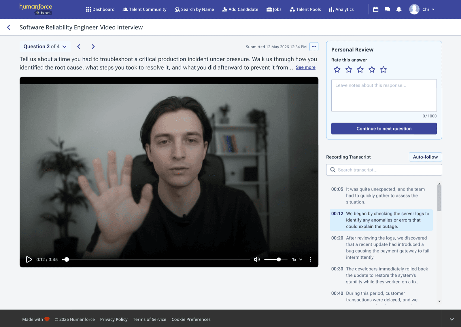 Preview of the planned Humanforce Talent video response review experience