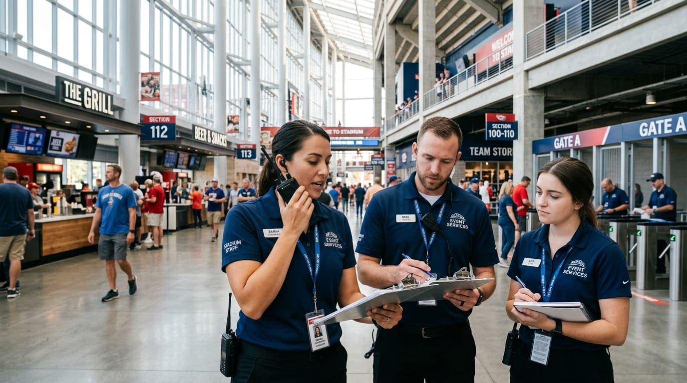 Stadium event services staff coordinating match-day operations